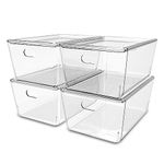 KOLORR Transparent Baskets for Storage with Lid Medium-4Liter | Multipurpose Clear Container | Organiser Plastic Box with Handle for wardrobe clothe Makeup closet Stationary | Pack of 4