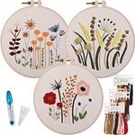 Myfelicity 3 Sets of Beginner Embroidery Kits, Embroidery Starter Kits, Adult Women’s Hobbies, Including Cloth with Floral Patterns, Colored Threads, Needles, Hoops and Instructions