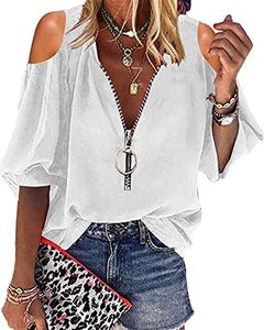 Cnkwei Womens V-Neck Lantern Sleeve Blouse Zipper Design Loose Casual Top Shirts, Z-white, Small