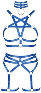 BBOHSS Donna per Il Corpo da Imbracatura Set di Reggiseno a Pentagramma Punk Giarrettiera in Vita da Ballo di Halloween Carnevale Gotico Elastico Accessori (Blu Reale)