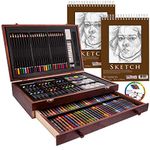 U.S. Art Supply 145 Piece-Mega Wood Box Art, Painting & Drawing Set with Color Mixing Wheel and Bonus 2-9"x12" Drawing Sketching Paper Pads