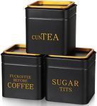 3 Piece Novelty Sugar Tea Coffee Canister Set Gifts Naughty Black Stainless Steel Containers Airtight Metal Coffee Jar with Gold Lid for Home Food Storage Flour Spice Kitchen Decor Cafe Accessories