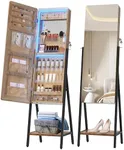 LVSOMT LED Standing Jewelry Mirror Cabinet, Stand Up Full Length Mirror with Storage, Lockable Floor Jewelry Armoire Organizer with 2 Drawers, Bottom Shelf, Built-in Lighted Makeup Mirror (Brown)