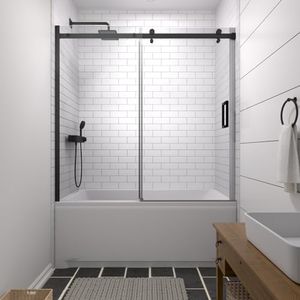 ACE DECOR 56-60" W x 58" H Frameless Bathtub Sliding Doors, Glass Shower Door for Tub with 5/16" (8mm) Clear SGCC Tempered Glass, Matte Black Finish Shower Doors, Reversible Installation