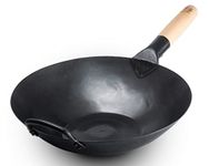 Craft Wok Black13 By Flat Pre-Thrown Hammering Carbon Steel Wok with Wood and Steel Aid Handle (13 Inch, Flat Bottom)