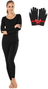MANCYFIT Thermal Underwear for Women Long Johns Set Fleece Lined Ultra Soft Scoop Neck with Winter Gloves Black X-Large