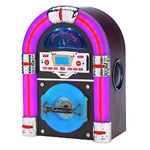 Steepletone Jive Rock 60, DARK Wood, Table Top Mini BLUETOOTH CD Jukebox, COLOUR CHANGING Light Tubes. AM, FM Radio, Mains Electric, Earphone, Remote Control. Music Streaming: Mobile Phones, Tablets