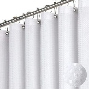 BTTN White Waffle Shower Curtain, Weighted Mould Proof Resistant Fabric Wet room Shower Curtains, Heavy Duty Waterproof Washable Thick Cloth Shower Curtain Set with 12 Plastic Hooks(182 x 182cm Drop)