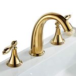 Best Gold Solid Brass Widespread Bathroom Faucet 3 Hole Two Handle Deck Mounted Faucet High Arc Lavatory Sink Taps with Ceramic Valve and 2 Hoses