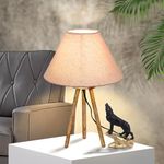 Homesake Wood Tripod Small Table Lamps, Rustic Antique Dimmable Bedside Lamp with Linen Beige Lampshade, Nightstand Lamp for Nursery, Bedroom, Kid Room, Living Room, Jute (Beige)