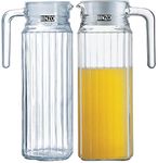 BINZO Glass Jug, Pitcher with Handle & Lid, Drinking Beverage Jug for Water, Juice, Beverages, Serving or Storage for Fridge, Kitchen, Dining Table, 1 Litre/1000 ml (Style No. 1 Pack of 2) Clear