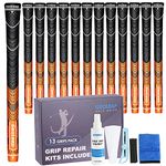 Geoleap Golf Grips Set of 13- Grips with Tapes and Grips with All Repair Kits for Choice,Hybrid Golf Club Grips,Standard/Midsize,All Weather Contral, High Feedback & Traction. (Midsize, Orange-Pro Kit(13 Grips with All Repair Kits))