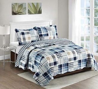 Brilliant Sunshine Blue Plaids and Stripes Patchwork, 3-Piece Quilt Set with 2 Shams, Reversible Bedspread, Soft Lightweight Coverlet, All-Season, Full/Queen, Blue