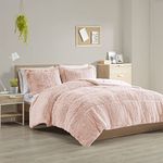 Intelligent Design Malea Shaggy Comforter Set, Long Faux Fur Cozy Down Alternative, Modern Casual Ultra Soft All Season Fluffy Bedding with Matching Sham, Full/Queen, Blush 3 Piece