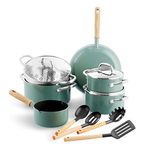 GreenPan Mayflower Healthy Ceramic Non-Stick 13-Piece Cookware Pots and Pans Set, Including Frying Pans, Saucepan, Stockpots, Lids, Strainer, Vintage Wood Handle, PFAS-Free, Induction, Smoky Blue