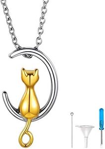 Womens Cat on Moon Pet Urn Necklace Remembrance Jewelry Stainless Steel Moon Cat Cremation Keepsake Necklace for Ashes