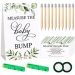 65 Pieces Baby Shower Game Set 1 Measure the Baby Bump Sign Measure Mommy's Belly Game and 50 Guessing Cards 10 Pencils 2 Ribbons 2 Measuring Tapes for Baby Shower Party Decorations (Greenery)