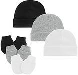 American Trends Baby Beanies for Boys Girls Newborn Infant Hat with Mittens Cute Cotton Hospital Hats for 0-6 Months, 1 a 3 Pack Black & White & Gray, 0-6 Months