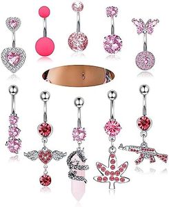 LOLIAS 10Pcs Belly Button Rings Surgical Stainless Steel Belly Rings CZ Heart Dragon Butterfly Dangle Belly Button Rings for Women Navel Belly Barbell Piercing Jewelry, Metal, cubic zirconia