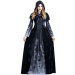 Women Halloween Witch Costume Hooded Lady Skull Dress Outfit Fancy Dress