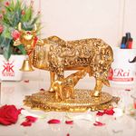 KridayKraft Gold Plated Kamdhenu Cow with Calf Metal Statue for Good Luck Feng Shui & Vastu Showpiece As Table Top Religious Idol Gau MATA for Home Office Decorative,Animal Showpiece