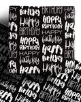 6 x Eco Happy Birthday Wrapping Paper Sheets - Premium Recyclable Black and White Wrapping Paper 70cm x 50cm. Eco Friendly 100% Recycled Gift Wrap (6-pack)