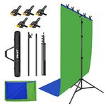 EMART 2 in 1 Green and Blue Backdrop with Stand, 1.5 x 2m(5x7ft) Black Backdrop with 1.5 X 2.6m(5x 8.5ft) Portable T-Shape Background Support for Greenscreen Zoom, Gaming, Photoshoot