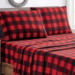 softan Flannel Queen Sheets Set 4-Piece Micro Fleece Bed Sets with 15" Deep Pocket Fitted Sheet, Flat Sheet and Pillowcase，Red Buffalo Plaid