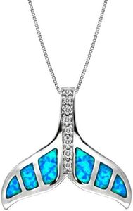 Sterling Silver Whale Tail CZ Accented Necklace Pendant with Simulated Blue Opal and 18 Box Chain