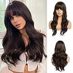 Esmee 24" Dark Brown Synthetic Natural Long Wave Wigs with Neat Bangs for Women