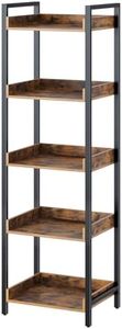 Rolanstar Bookshelf, 5-Tier Storage Rack, Narrow Display Freestanding Bookshelves, Wooden Freestanding Shelf Units, Side Corner Bookshelf for Living Room, Bathroom, Balcony, Kitchen, Rustic Brown