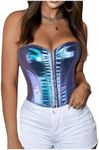 SHENHE Women's Metallic PU Leather Corset Strapless Lace Up Sexy Bustier Party Rave Tube Top Blue X-Large