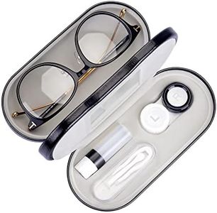 Muf 2 in 1 Double Sided Portable Contact Lens Case and Glasses Case,Dual Use Design with Built-in Mirror, Tweezer and Contact Lens Solution Bottle Included for Travel Kit, Black, 5 Piece Set