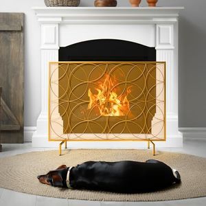 Idzo 40.8 x31.5 inch Single Panel Fireplace Screen, Stable Fireplace Barrier with Powder Coated Steel Frame, Handcrafted Solid Wrought Steel Decorative Mesh, Fire Spark Guard Grate, Gold