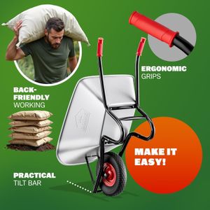 GARDEBRUK Heavy Duty Wheelbarrow 100L – Pneumatic Tyre, 250kg, Steel Rim, Silver/Red