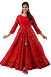 Jaipurite Women's Printed Anarkali Gown (Medium) Red