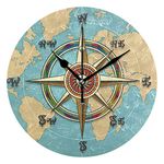 WXLIFE Vintage Nautical Compass World Map Round Acrylic Wall Clock, Silent Non Ticking Art Painting for Kids Bedroom Living Room Office School Home Decor