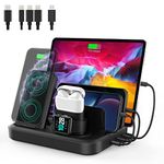 Wireless Charging Station for Multiple Devices - 6 in 1 USB Charging Dock Built-in AC Adapter with 10W Max Wireless Charger Stand and 5 USB Ports for iPhone, iPad, Android, Apple Watch, AirPods