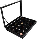 BELLE VOUS 24 Sections Black Velvet Jewellery Organiser Display Case Box Tray & Glass Lid - Stackable Tray for Drawer, Adjustable Storage Grids for Rings, Necklaces, Bracelets, Earrings & Watches