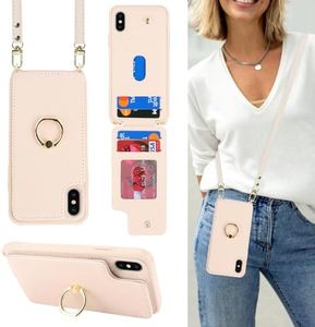 Lipvina for iPhone X/XS Phone Case with Card Holder and Strap for Women,Crossbody Lanyard,Kickstand Ring Stand,Snap Clasp,Phone Wallet Cases 5.8 inch(Beige)