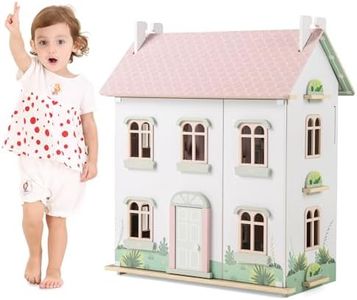 GYMAX Wooden Kids Dollhouse, 3-Storey Dolls House with 5 Rooms, Double-sided Roofs and 19pcs Furniture Accessories, Large Doll House for 3 Years Old+