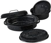 Granite Ware Roasting Set Covered 13 in and 15 in Oval roaster and 3 lb round roaster. Enameled Steel design to accomodate up to 7 lb and 10 lb poultry/roast. Resists up to 932°F.