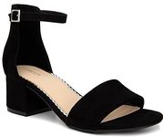 London Fog Women's Nikki Low Two Piece Block Heel Dress Shoe Ladies Ankle Strap Pump Sandal, Black Microsuede, 7.5