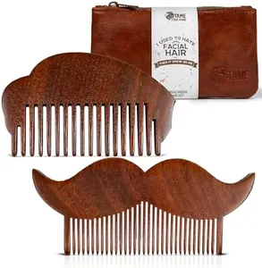 2-Piece Prazoli Mens Sandalwood Mustache, Beard & Hair Comb - Funny, Unique & Cool Gifts Ideas for Husband, Boyfriend, Dad & Man Anniversary | Fine Tooth Hair Care Grooming Set Kit | Mini Small Pocket