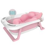 Mugxnem Collapsible Baby Bathtub, Portable Folding Toddler Bath tub Intelligent Temperature Baby Shower Basin with Bath Cushion for Newborn Infant Toddler Baby (Pink)