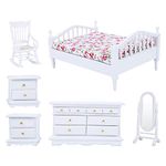 OKJHFD Dolls House Furniture Queen Bed Mini Wood Cabinet,1:12 Scale Mini Wooden White Bedroom Furniture Set for Dollhouse,Miniature Accessory Children'S Bedroom Set Play Toy(6 Pcs)