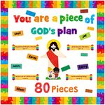 80 PCS Christian Bulletin Board Set, 45 Name Cards Piece of Gods Plan Decors Religious Bible Verse Cutouts Puzzle Pieces for School Door Wall Bulletin Board Decor Supplies