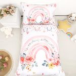 4 Pieces Toddler Bedding Set for Girls, Rainbow Toddler Comforter Set, Include Quilted Comforter, Flat Sheet, Fitted Sheet, Pillowcase, Ultra Soft and Breathable, Boho Floral, Pink