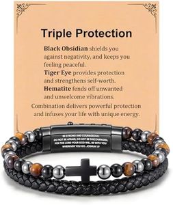 Mens Cross Bracelet Gifts for Him - Triple Protection Hematite Black Obsidian Tiger Eye Rosary Beads Stone Mens Leather Bracelets, Bible Verse Catholic Religious Christian Jewelry Gift,Joshua 1 9