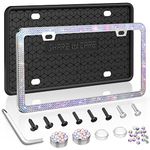 QiqaMole 2 Pack License Plate Frame Include 1 Silicone License Plate Frame and 1 Crystal License Plate Cover with Rhinestone Crystal Diamond Screw Set Car Bling License Plate Frame (Black + AB Color)